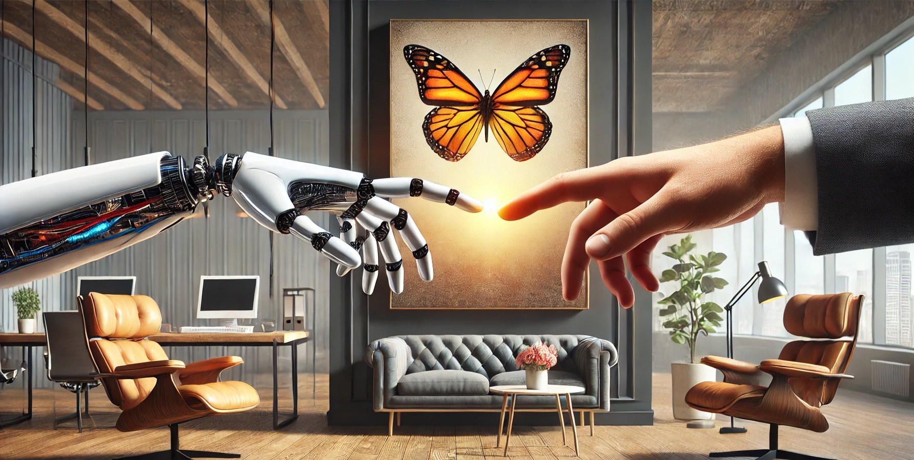 Image of human hand and robot hand touching.