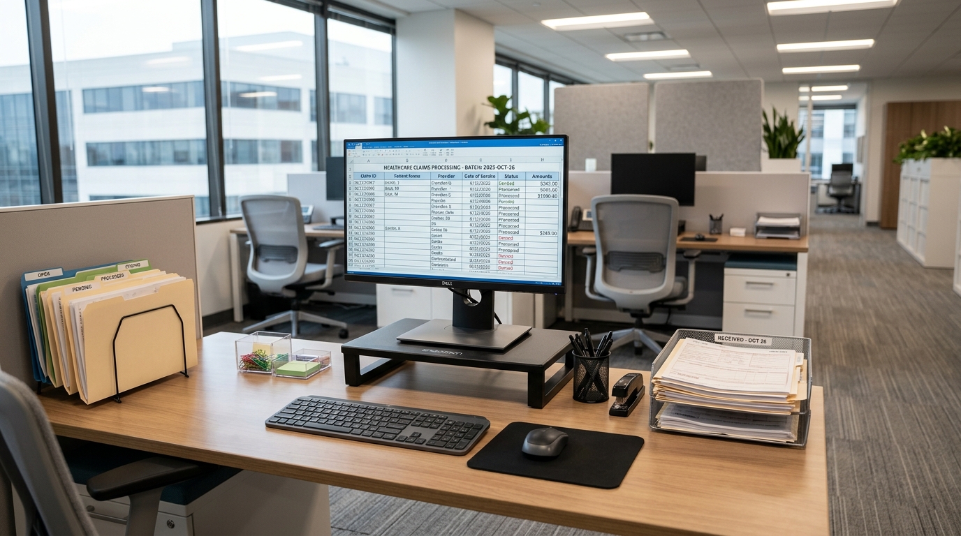 Claims processing office with organized data
