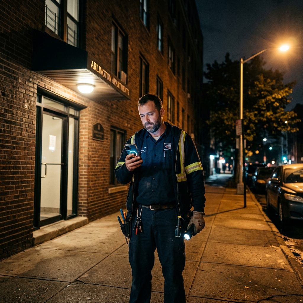 Maintenance worker receiving after-hours notification