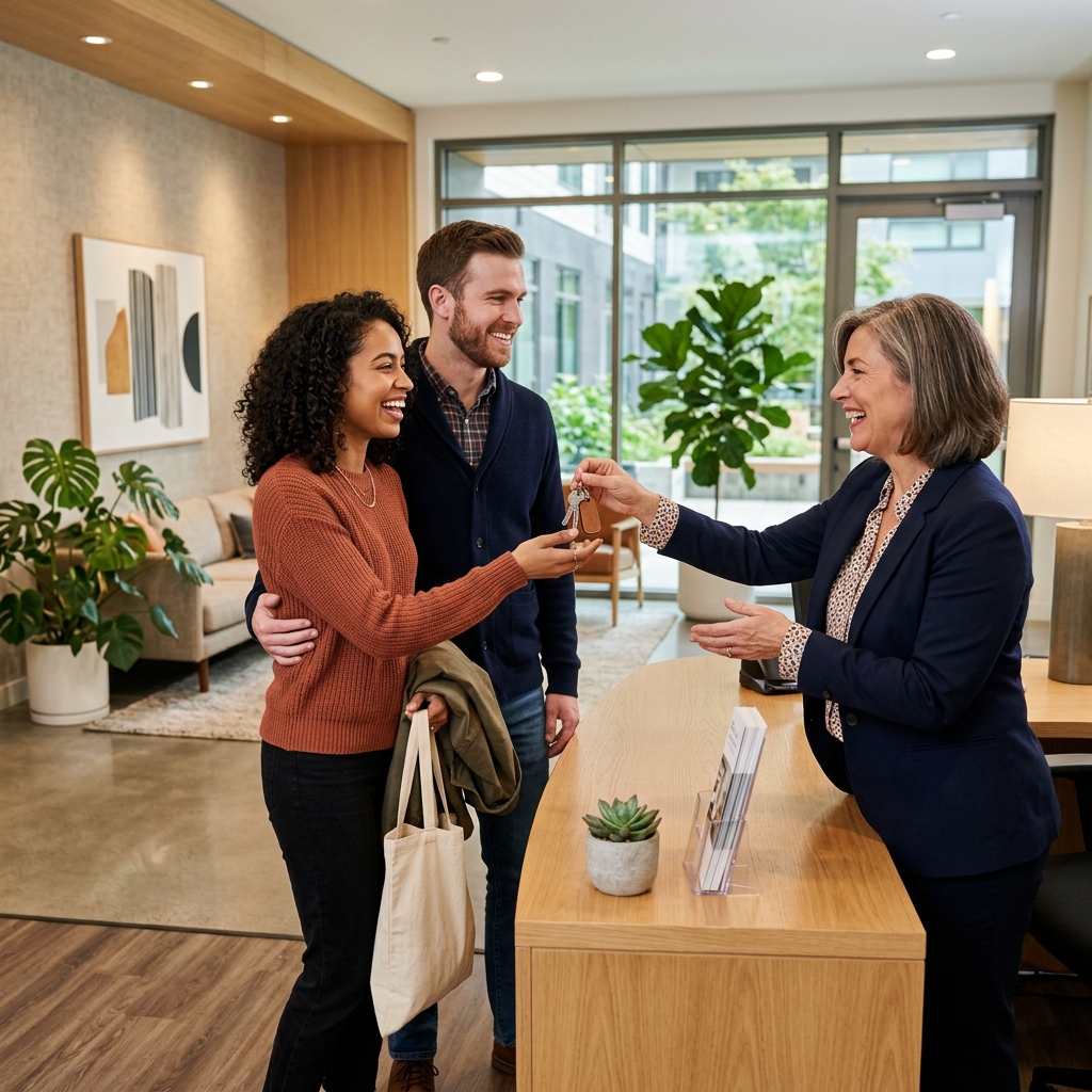 Couple receiving apartment keys from property manager