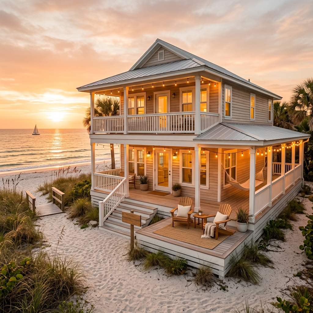 Vacation rental beach house at golden hour
